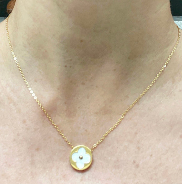 Mother of Pearl Flower Necklace 14k Gold Plated NonTarnish