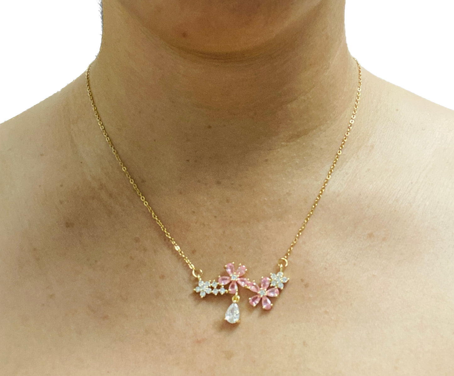Crystal Pink Flowers Necklace 18k Gold Plated