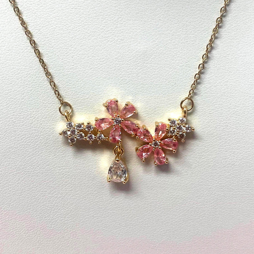 Crystal Pink Flowers Necklace 18k Gold Plated