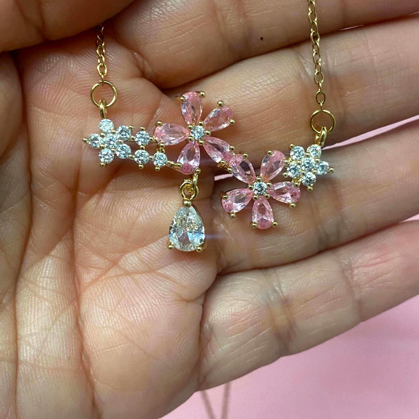 Crystal Pink Flowers Necklace 18k Gold Plated
